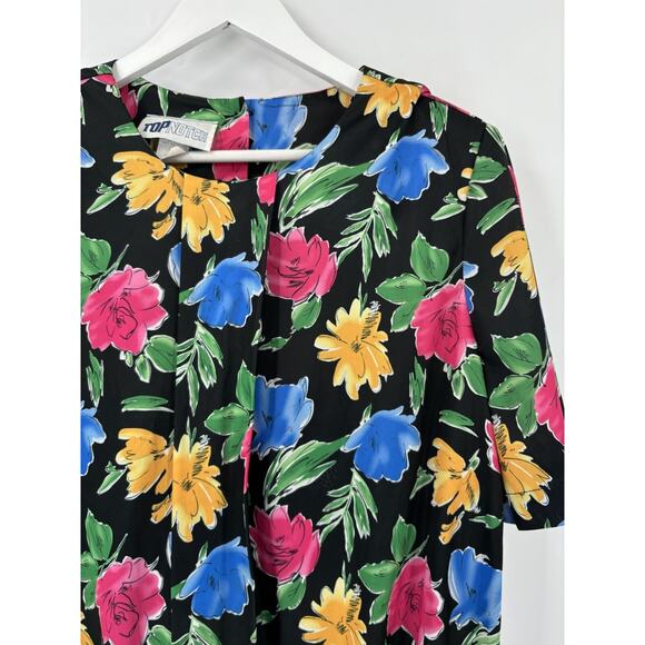 Top Notch Vintage Blouse Womens 20W Black Floral Print Short Sleeves Pleated - Picture 2 of 16